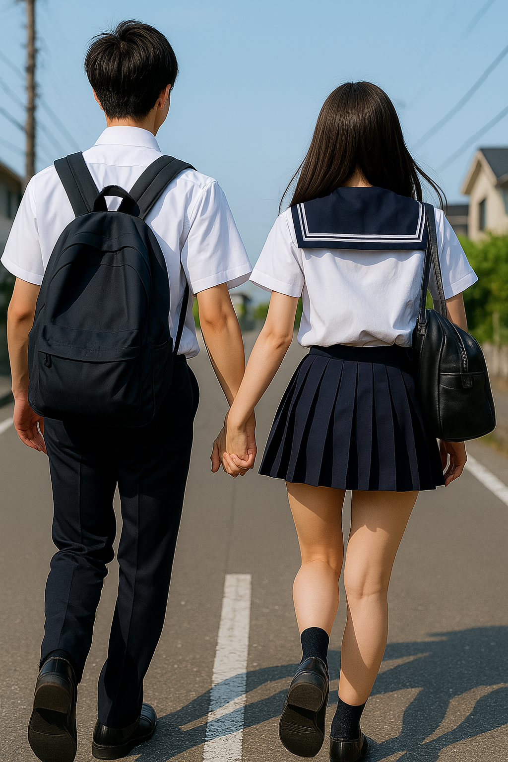 高校生カップルの後ろ姿