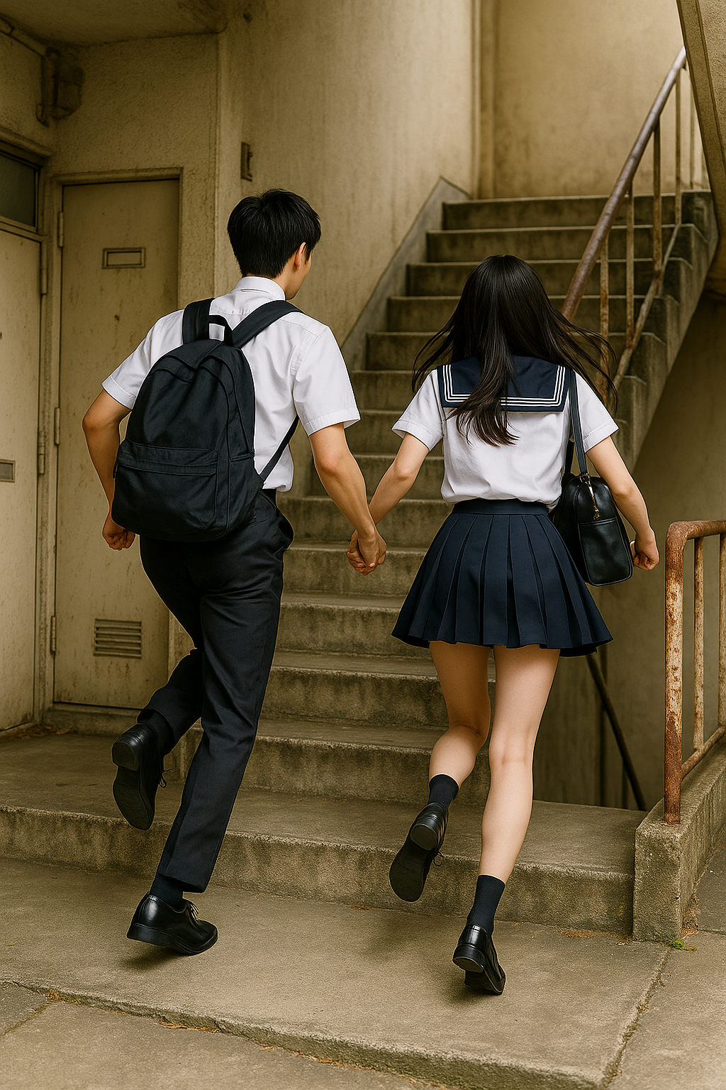 団地の階段を手をつないで駆け上がる制服姿の高校生カップル