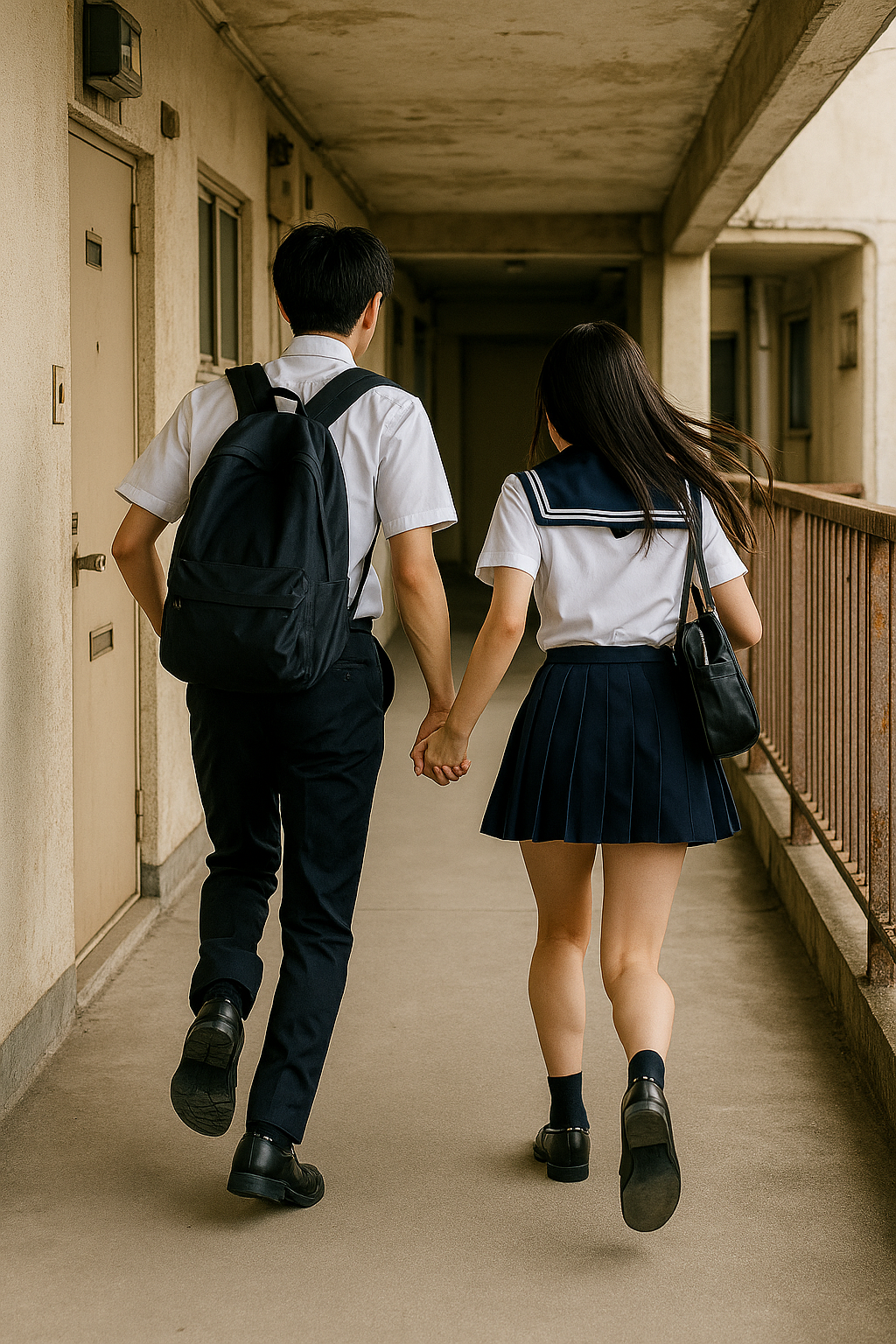マンションの廊下を手をつないで走る制服姿の高校生カップル