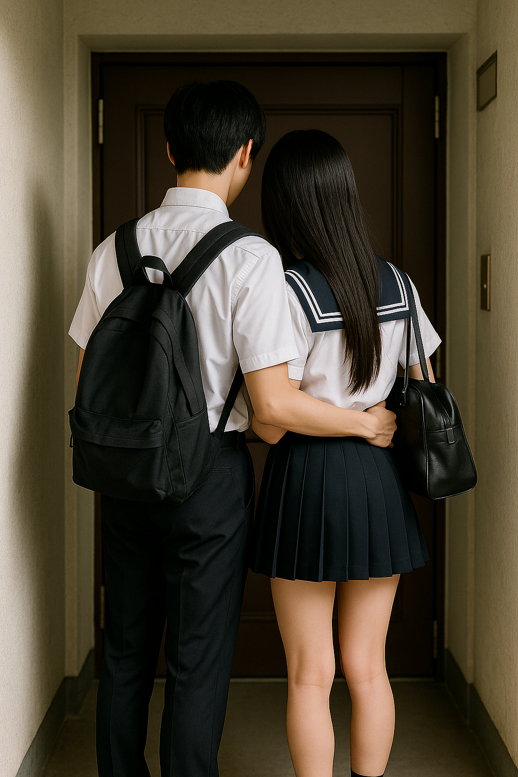 玄関前の高校生カップル