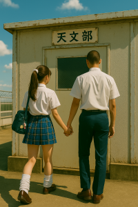 屋上の天文部の前で手をつなぐ高校生カップル