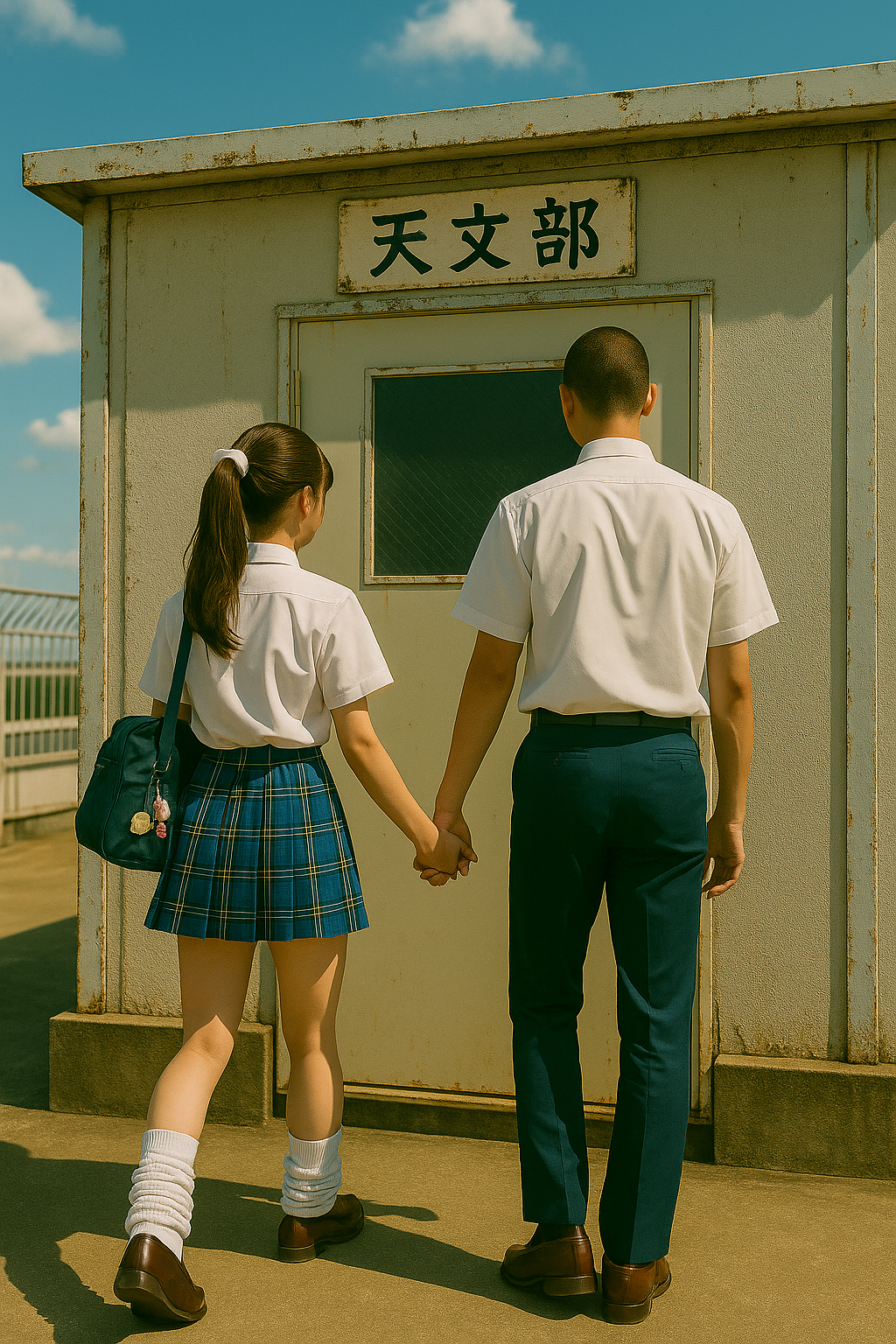 屋上の天文部の前で手をつなぐ高校生カップル