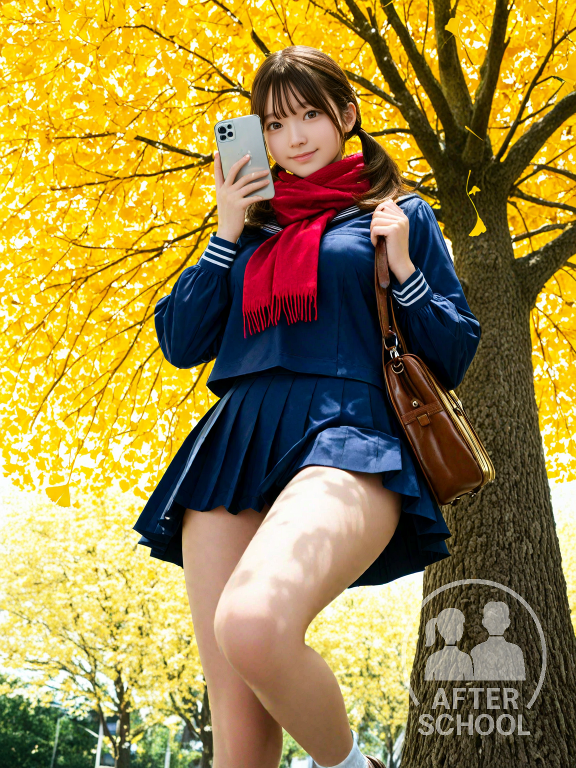 イチョウ並木をバックに自撮りをする女子高生