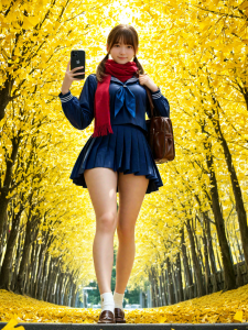 イチョウ並木と美人女子高生