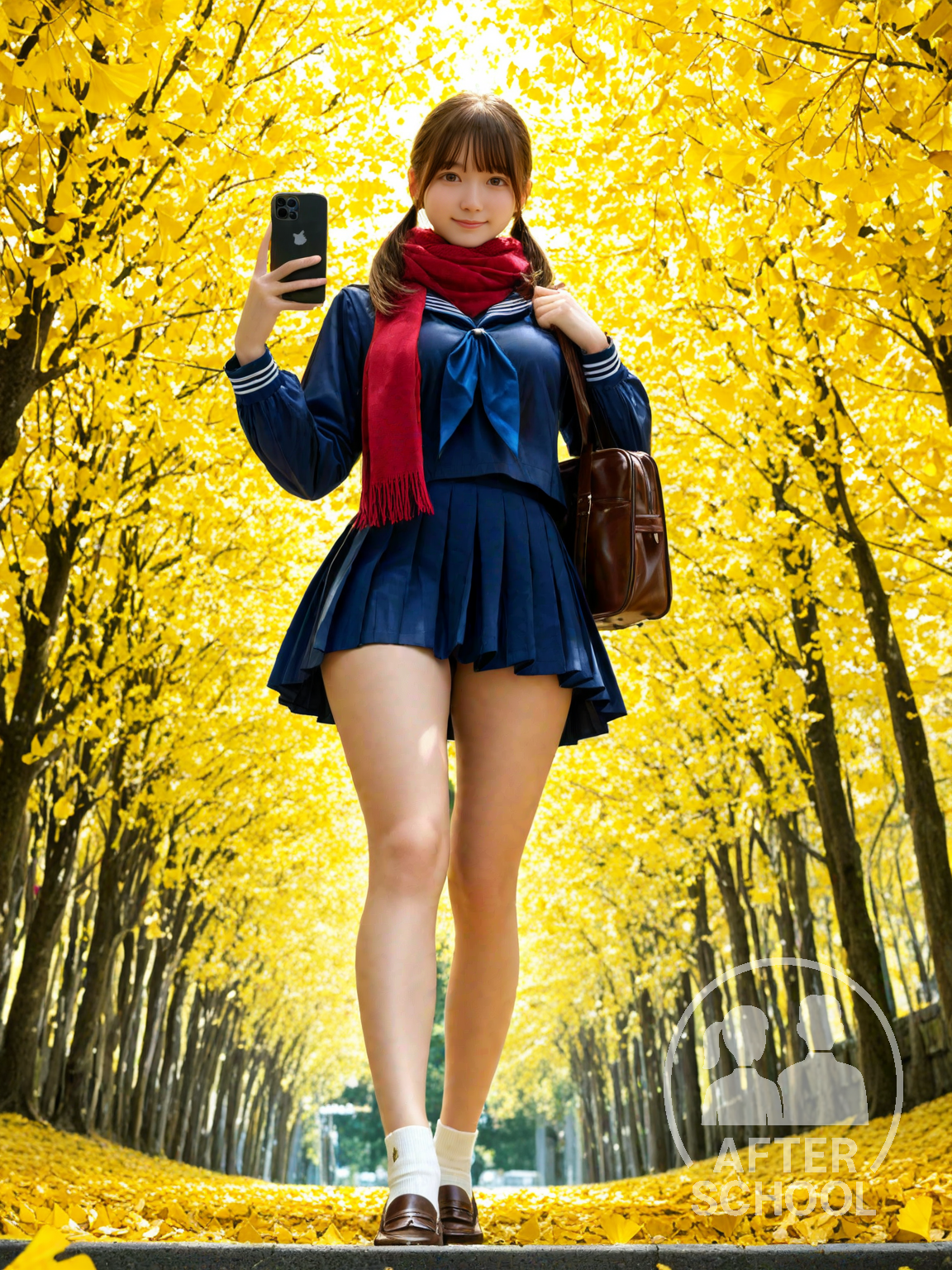 イチョウ並木と美人女子高生