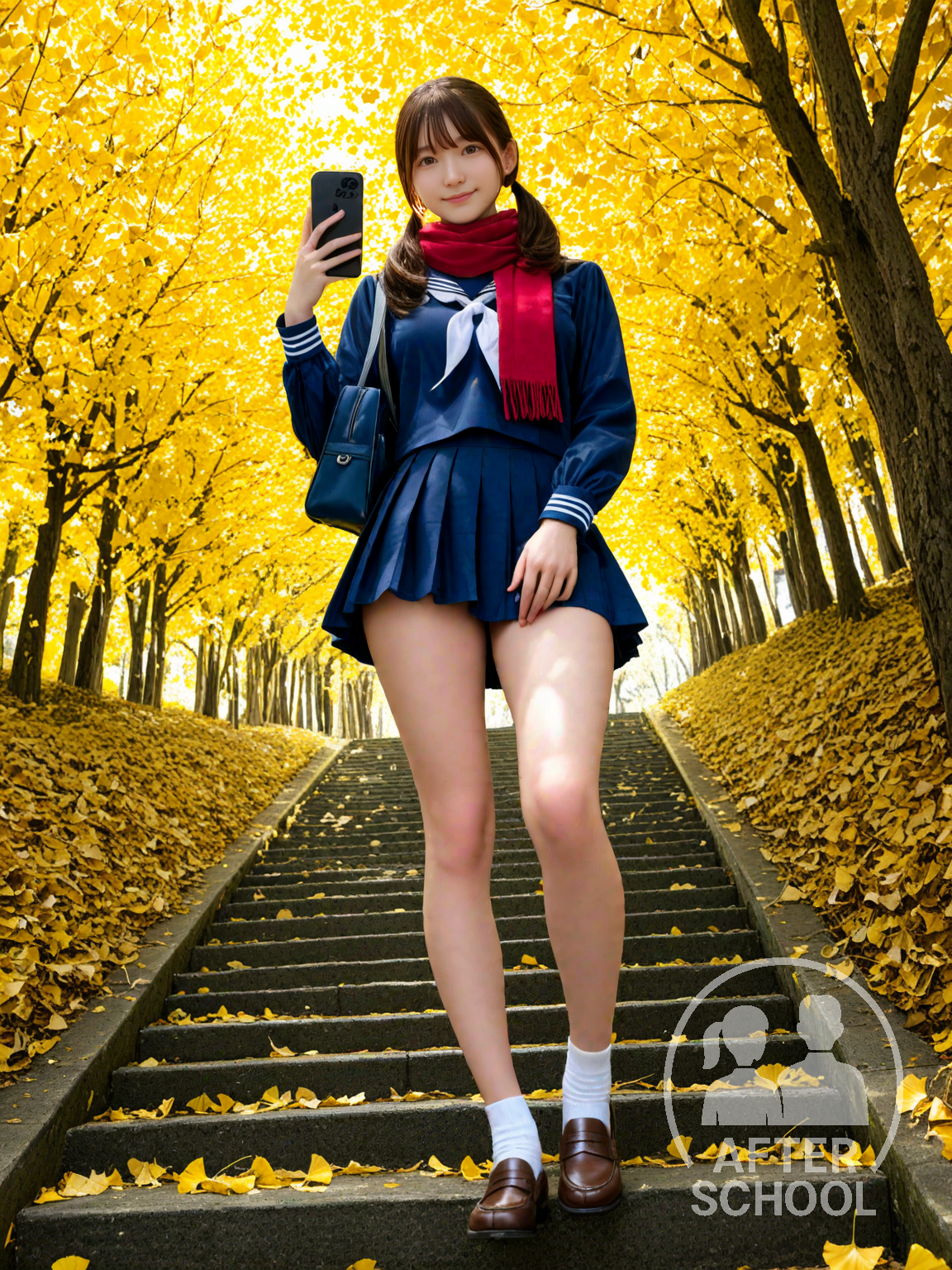 秋の階段と制服少女